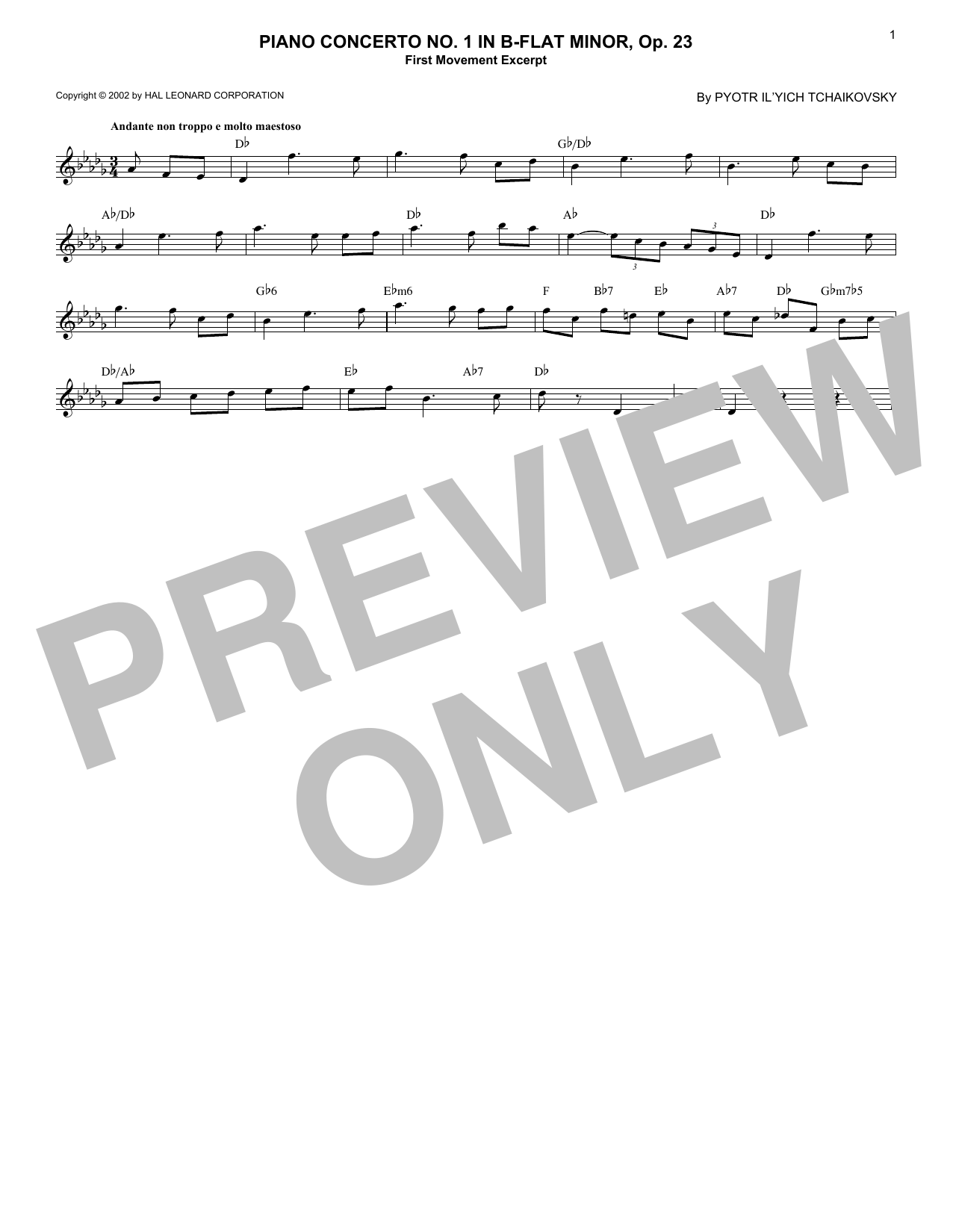 Pyotr Il'yich Tchaikovsky Piano Concerto No. 1 In B-Flat Minor, Op. 23, First Movement Excerpt sheet music notes printable PDF score