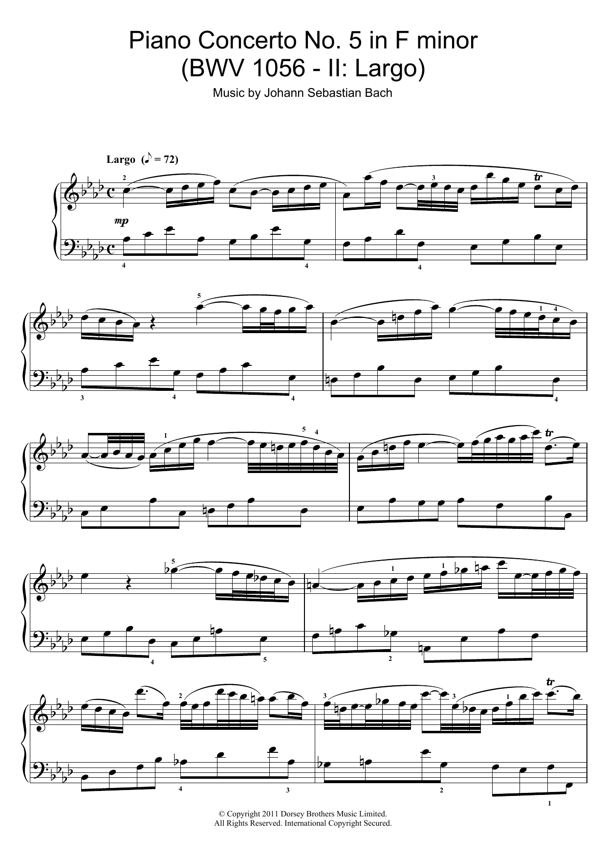 Download Johann Sebastian Bach Piano Concerto No. 5 in F minor (BWV 10 Sheet Music