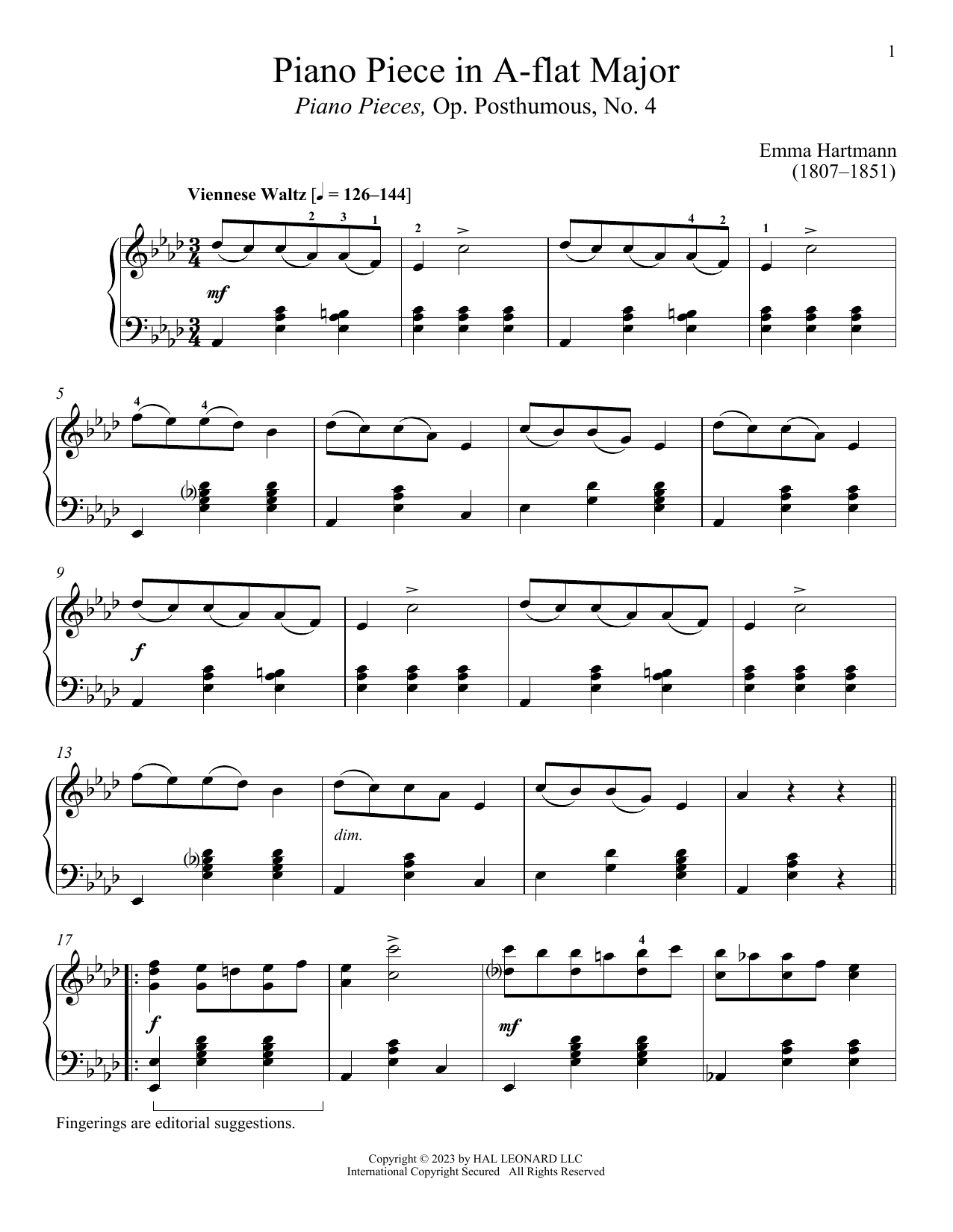 Download Emma Hartmann Piano Piece in A-flat Major Sheet Music