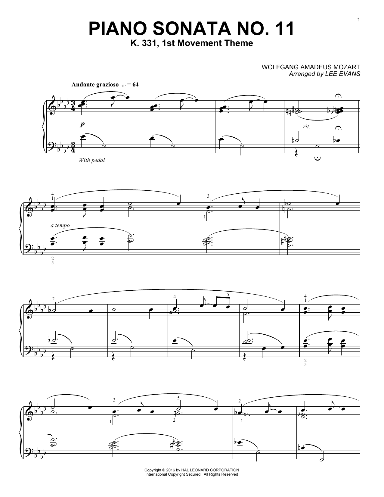 Download Lee Evans Piano Sonata In A Major, K.331, 1st Mov Sheet Music
