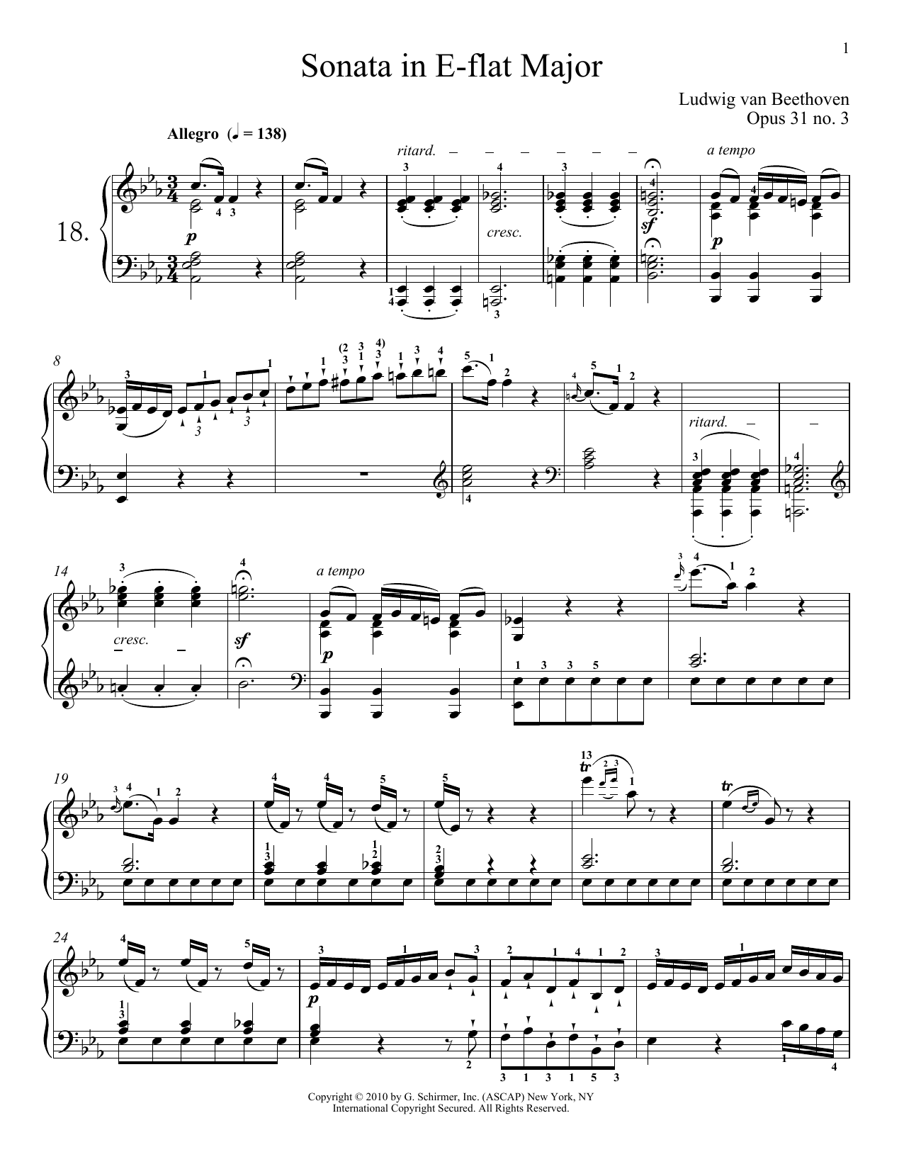 Download Ludwig van Beethoven Piano Sonata No. 18 In E-flat Major, Op Sheet Music