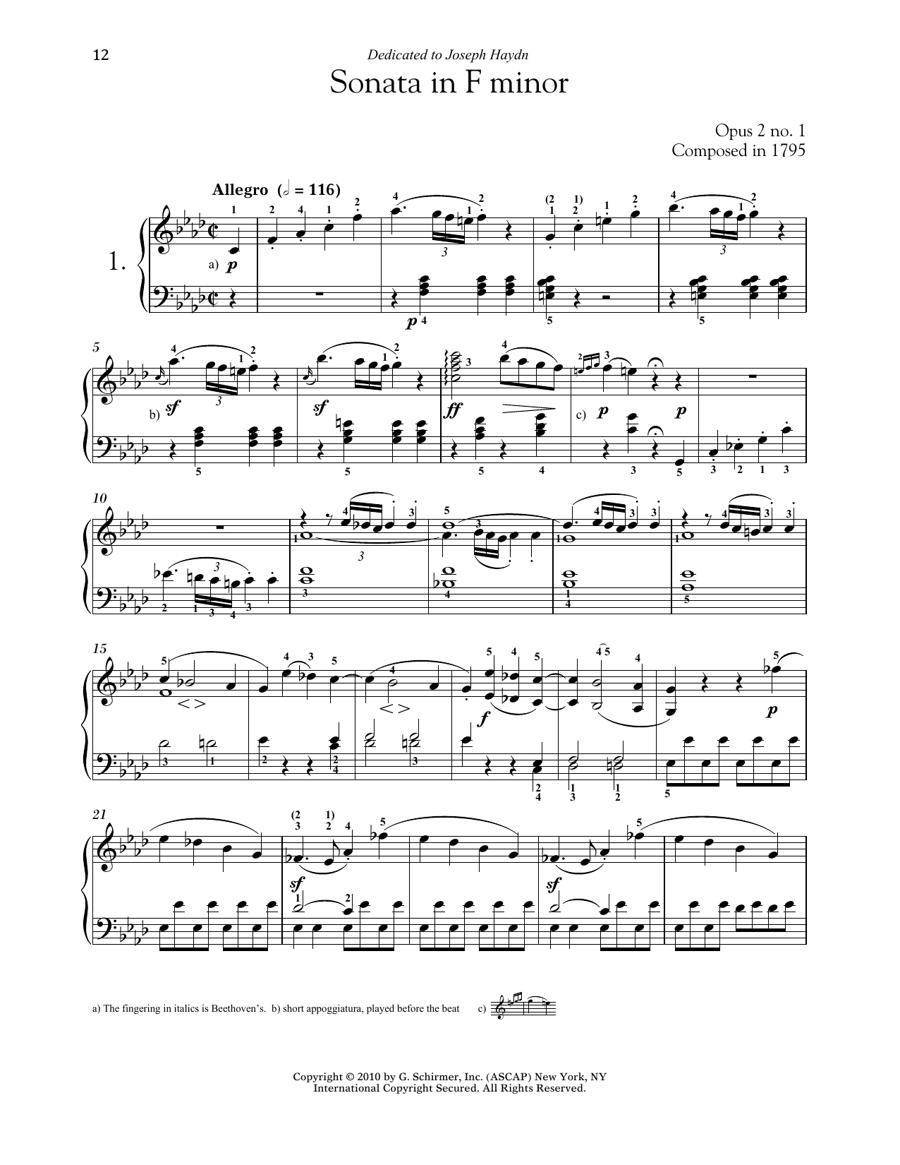 Download Ludwig van Beethoven Piano Sonata No. 1 In F Minor, Op. 2, N Sheet Music
