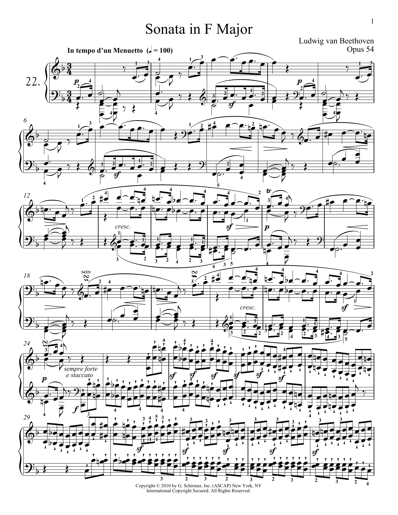 Download Ludwig van Beethoven Piano Sonata No. 22 In F Major, Op. 54 Sheet Music