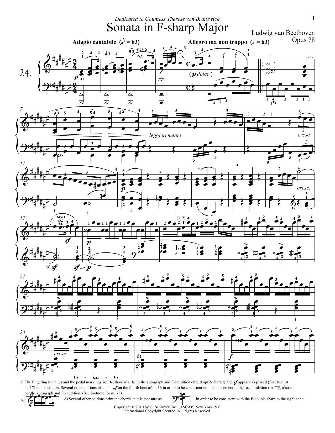 Download Ludwig van Beethoven Piano Sonata No. 24 In F Sharp Major, O Sheet Music