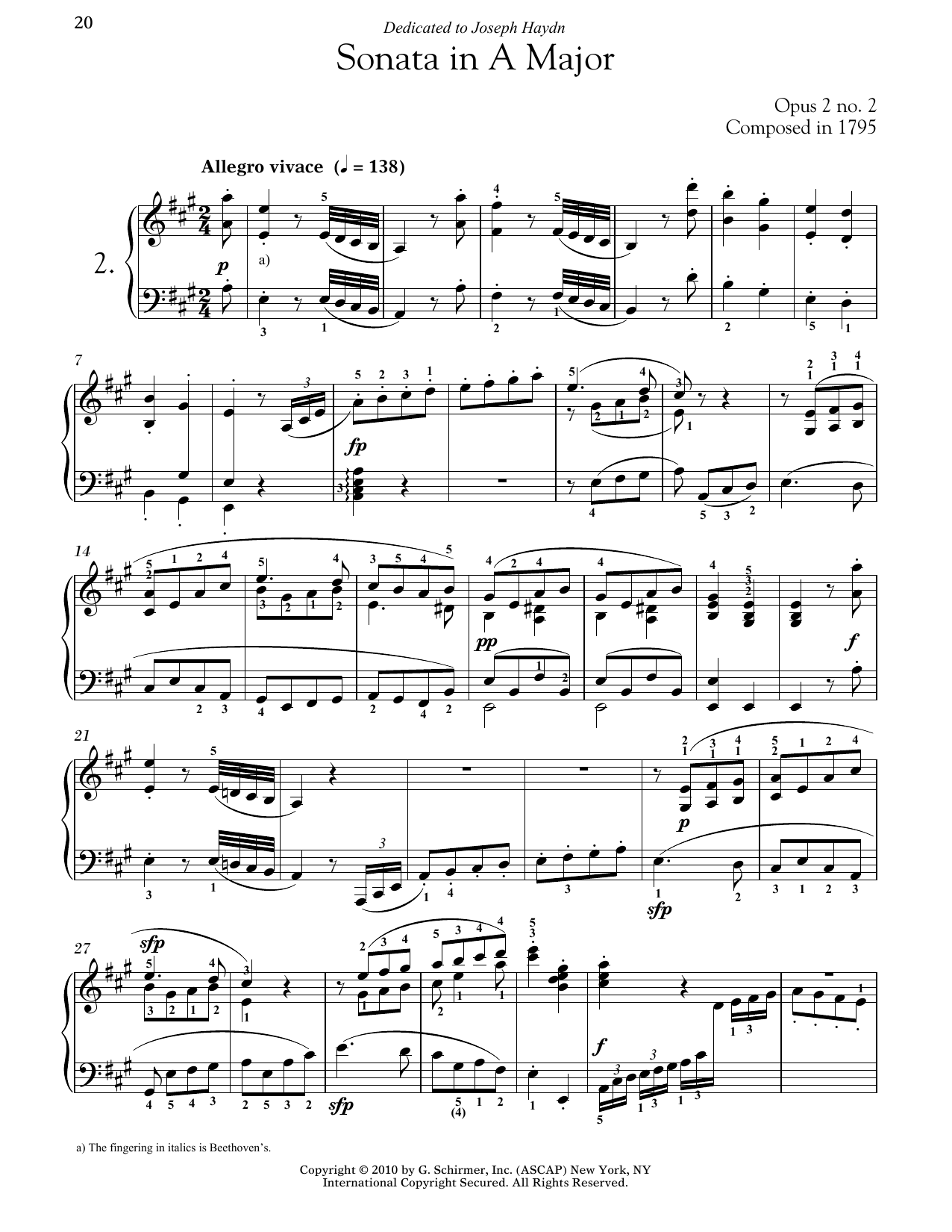 Download Ludwig van Beethoven Piano Sonata No. 2 In A Major, Op. 2, N Sheet Music