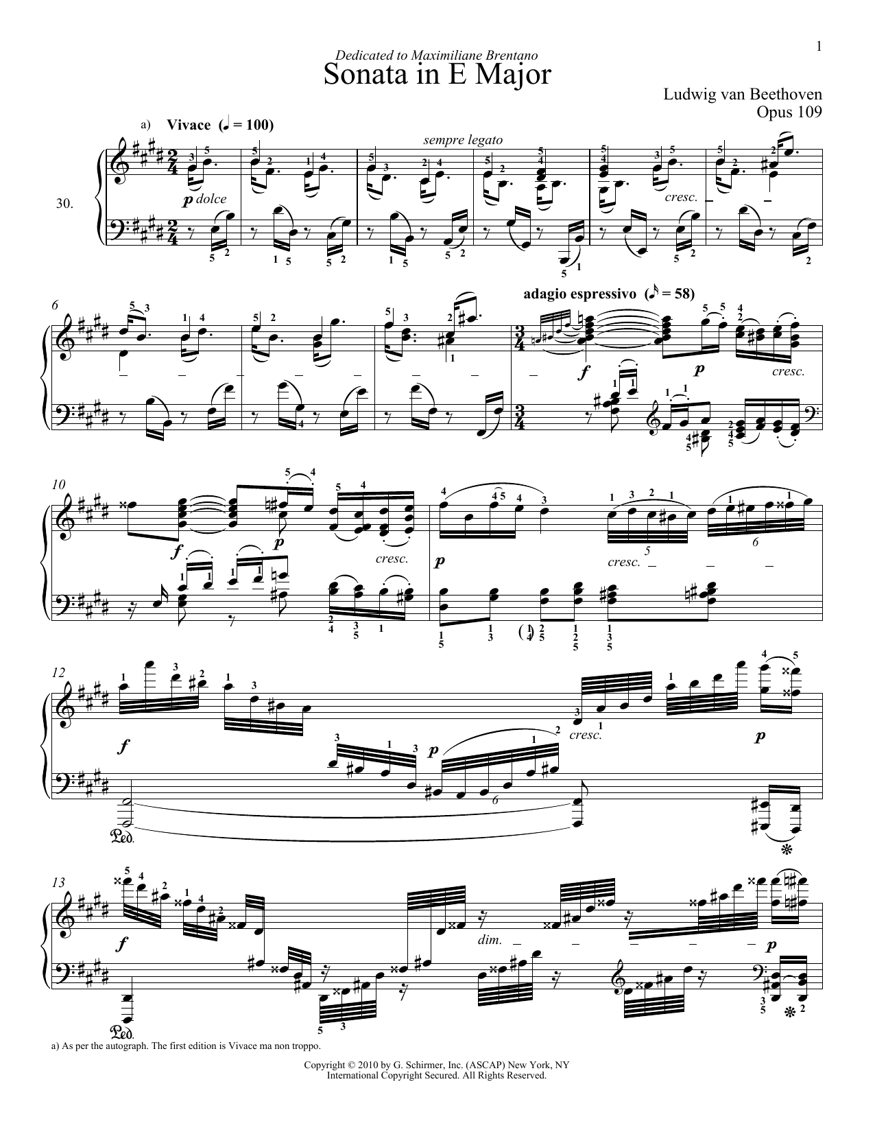 Download Ludwig van Beethoven Piano Sonata No. 30 In E Major, Op. 109 Sheet Music