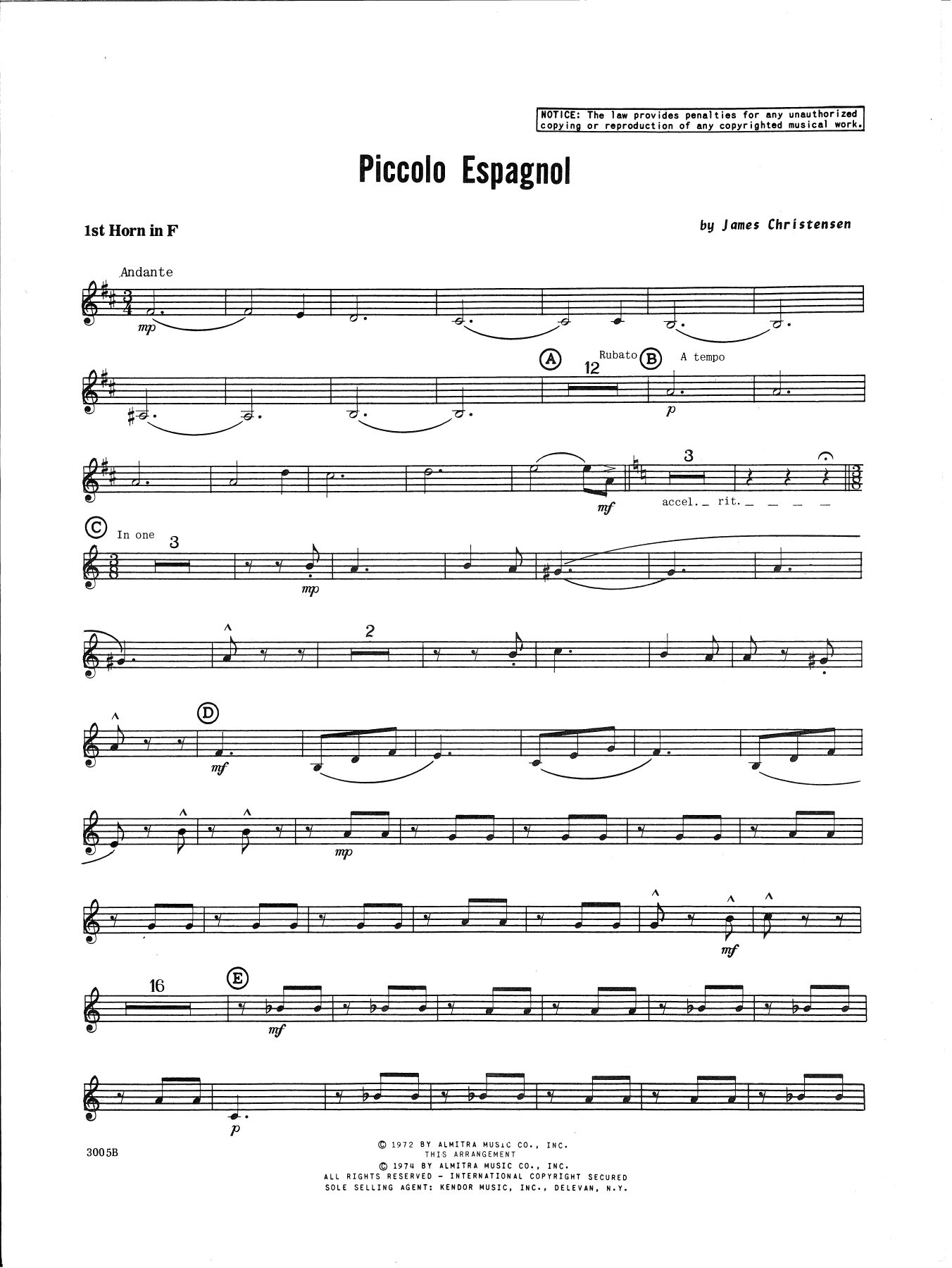 Download James Christensen Piccolo Espagnol - 1st Horn in F Sheet Music