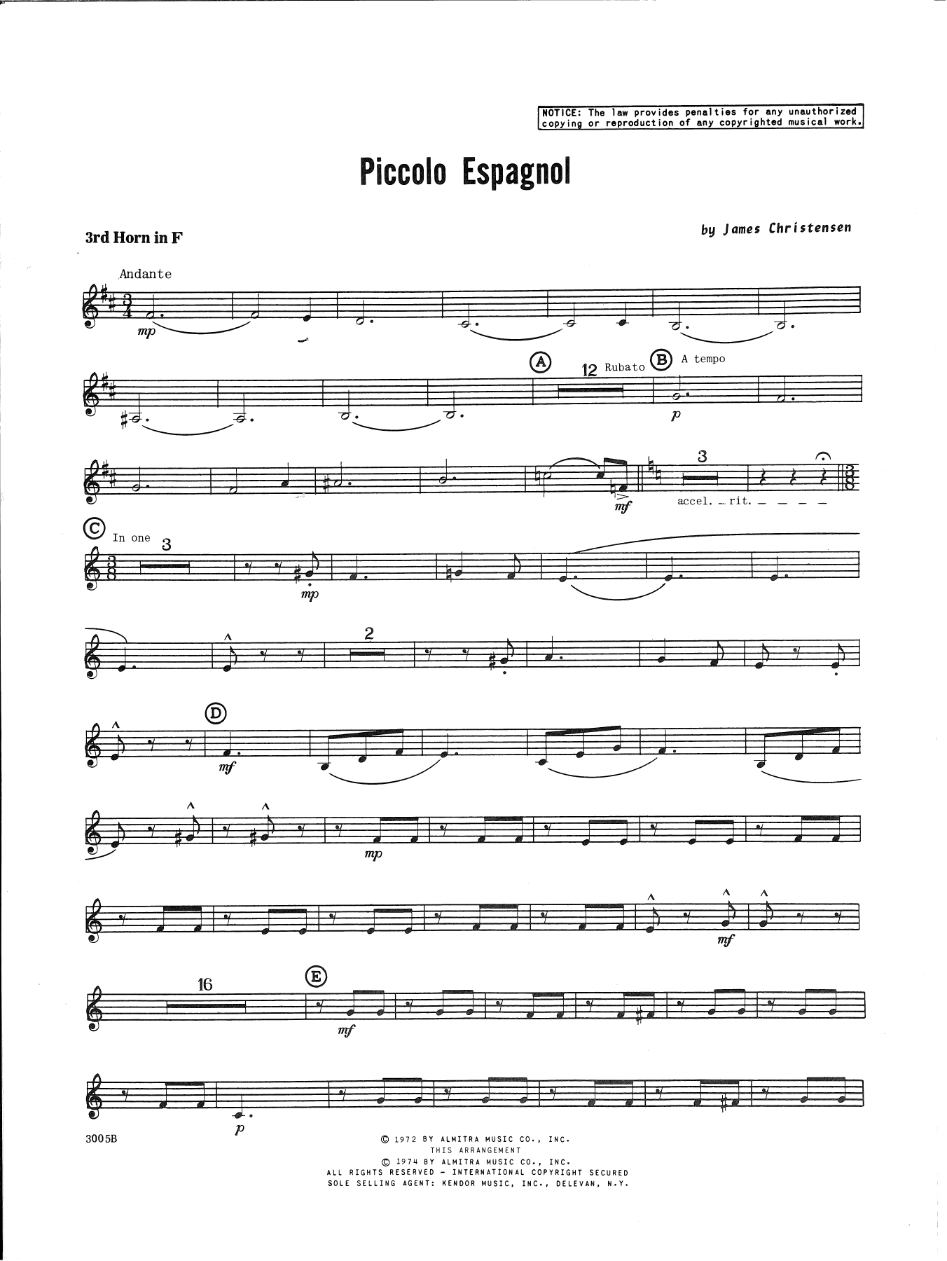 Download James Christensen Piccolo Espagnol - 3rd Horn in F Sheet Music
