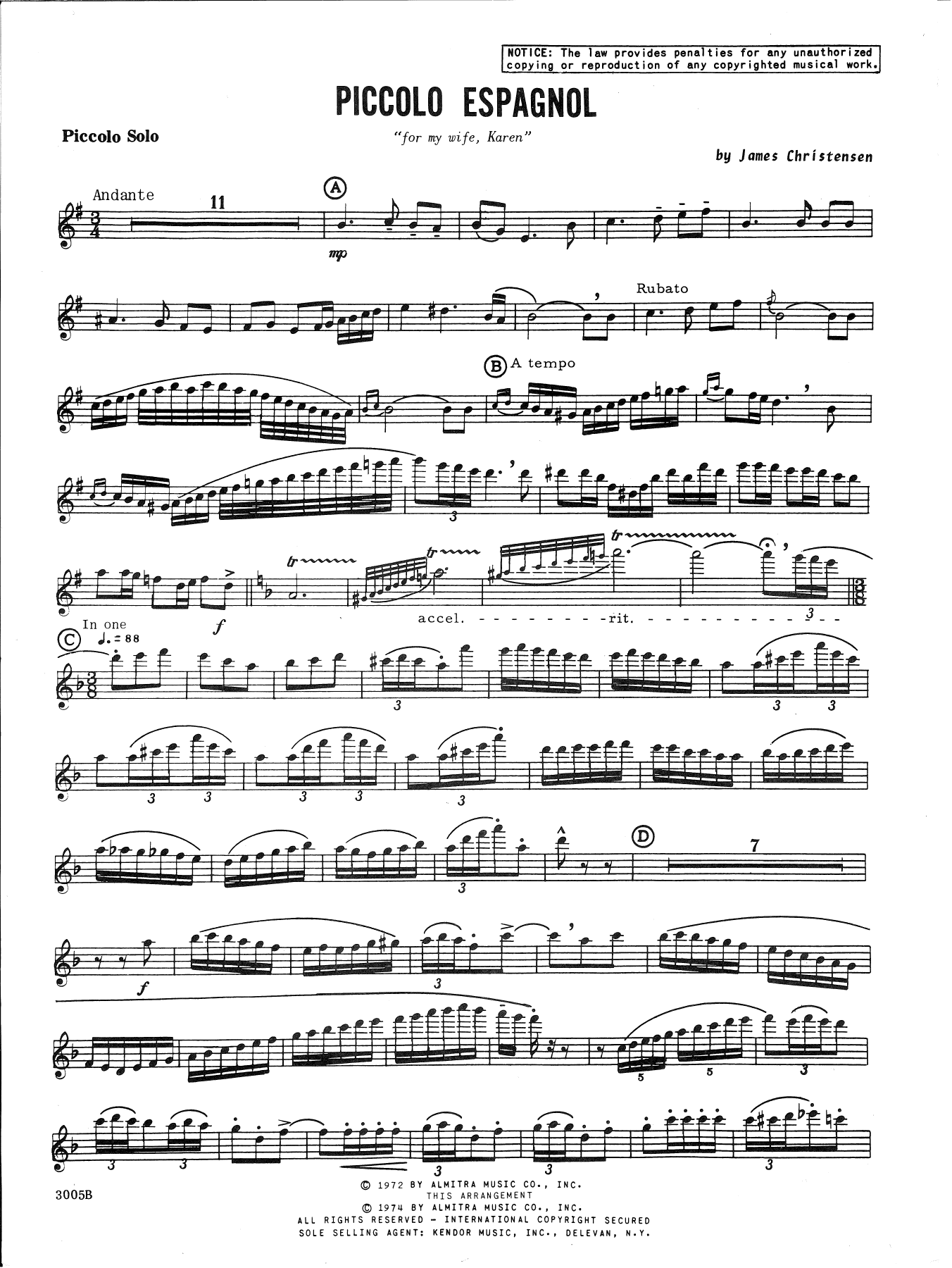 Download James Christensen Piccolo Espagnol - Piano (optional) Sheet Music