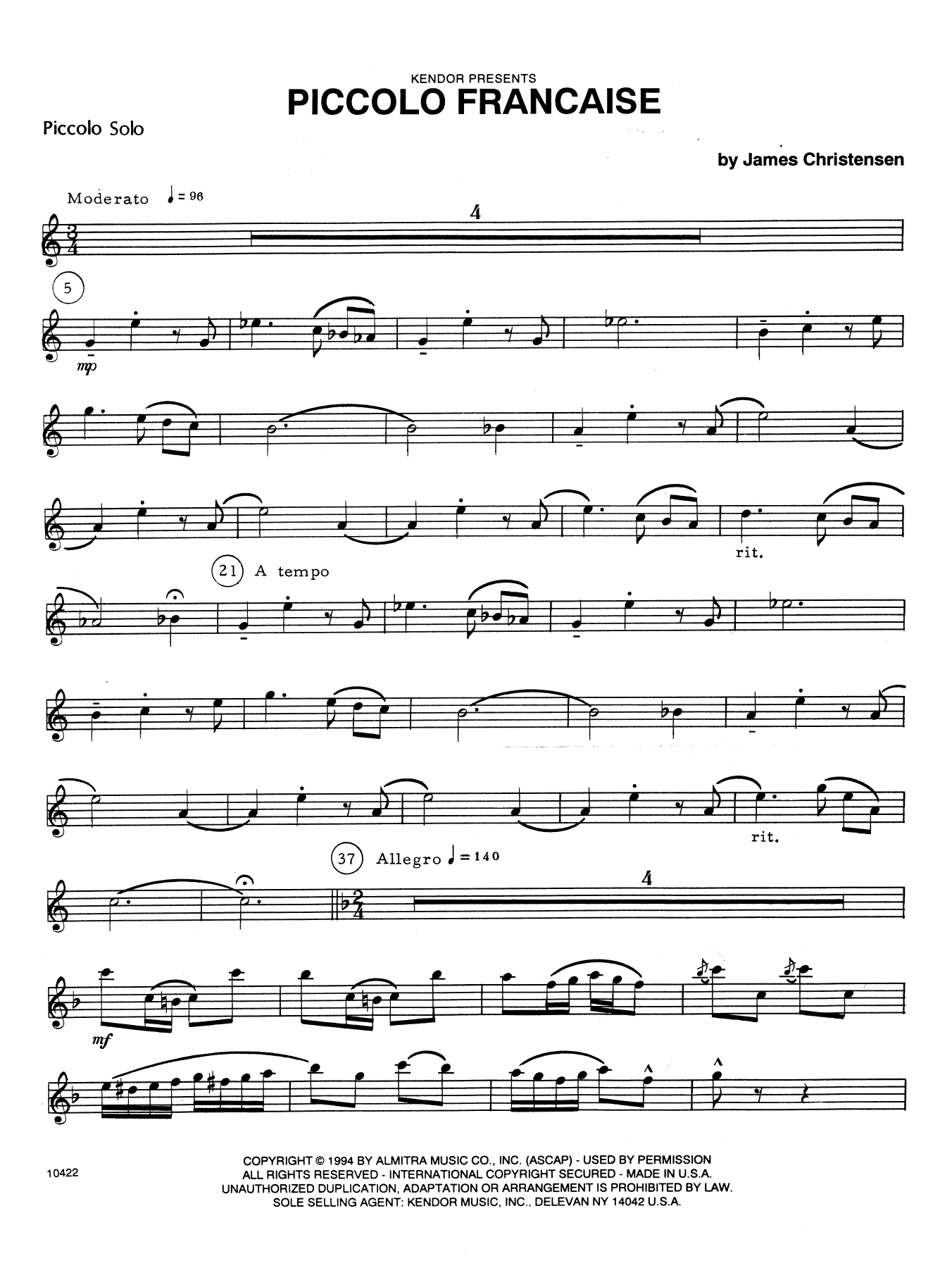 Download James Christensen Piccolo Francaise - Flute/Piccolo Sheet Music