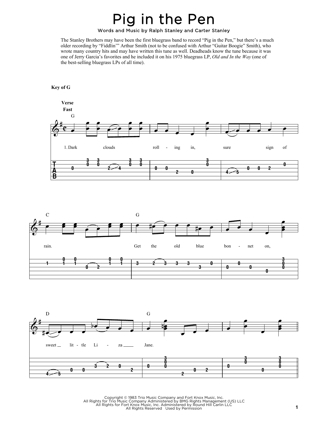 Download Carter Stanley Pig In The Pen (arr. Fred Sokolow) Sheet Music