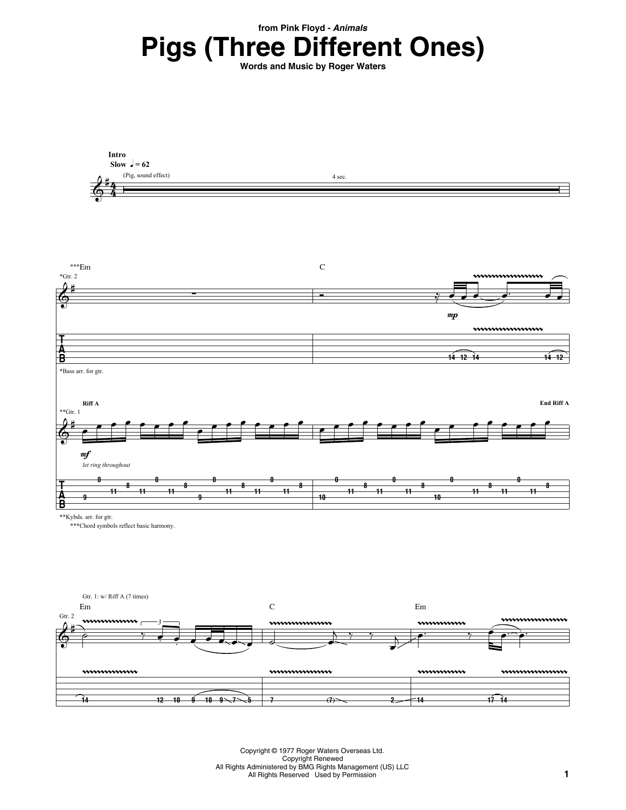 Download Pink Floyd Pigs (Three Different Ones) Sheet Music