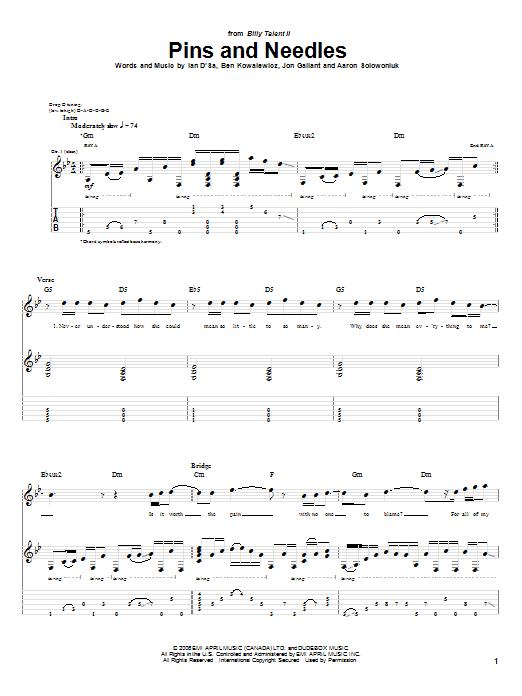 Download Billy Talent Pins And Needles Sheet Music
