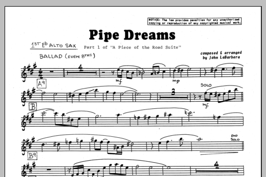 Download John LaBarbara Pipe Dreams - 1st Eb Alto Saxophone Sheet Music