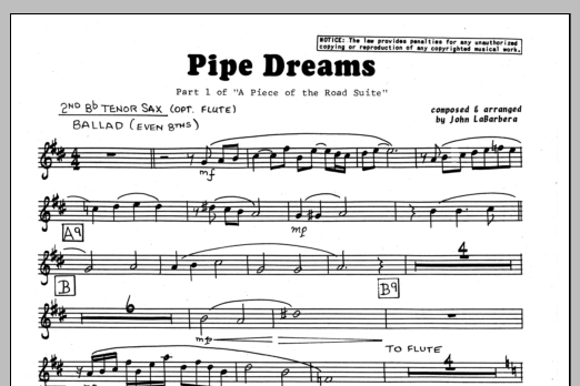 Download John LaBarbara Pipe Dreams - 2nd Bb Tenor Saxophone Sheet Music