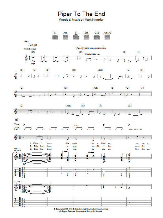 Download Mark Knopfler Piper To The End Sheet Music
