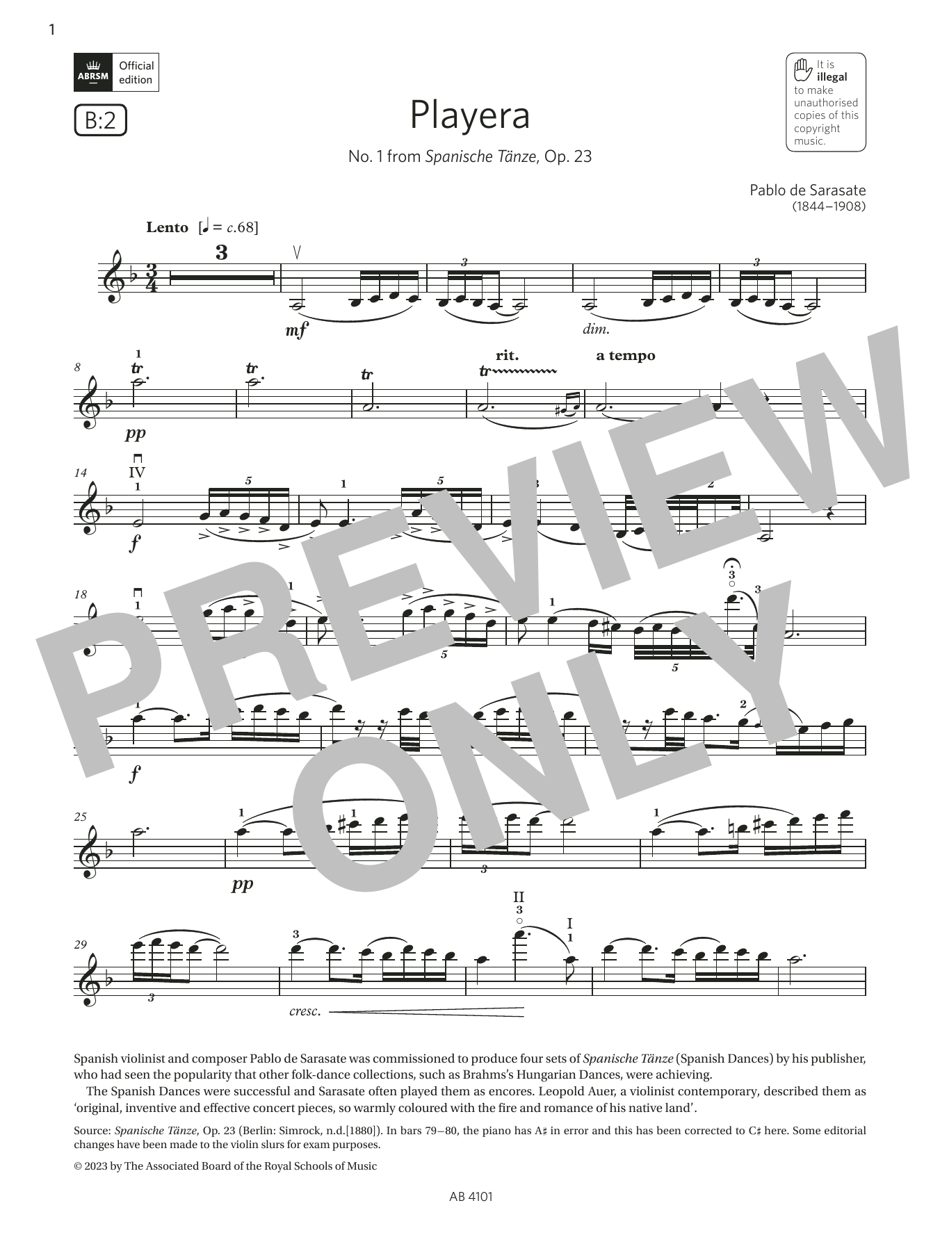 Download Pablo De Sarasate Playera (Grade 7, B2, from the ABRSM Vi Sheet Music