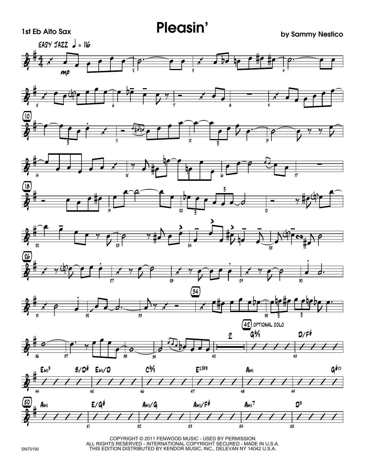 Download Sammy Nestico Pleasin' - 1st Eb Alto Saxophone Sheet Music