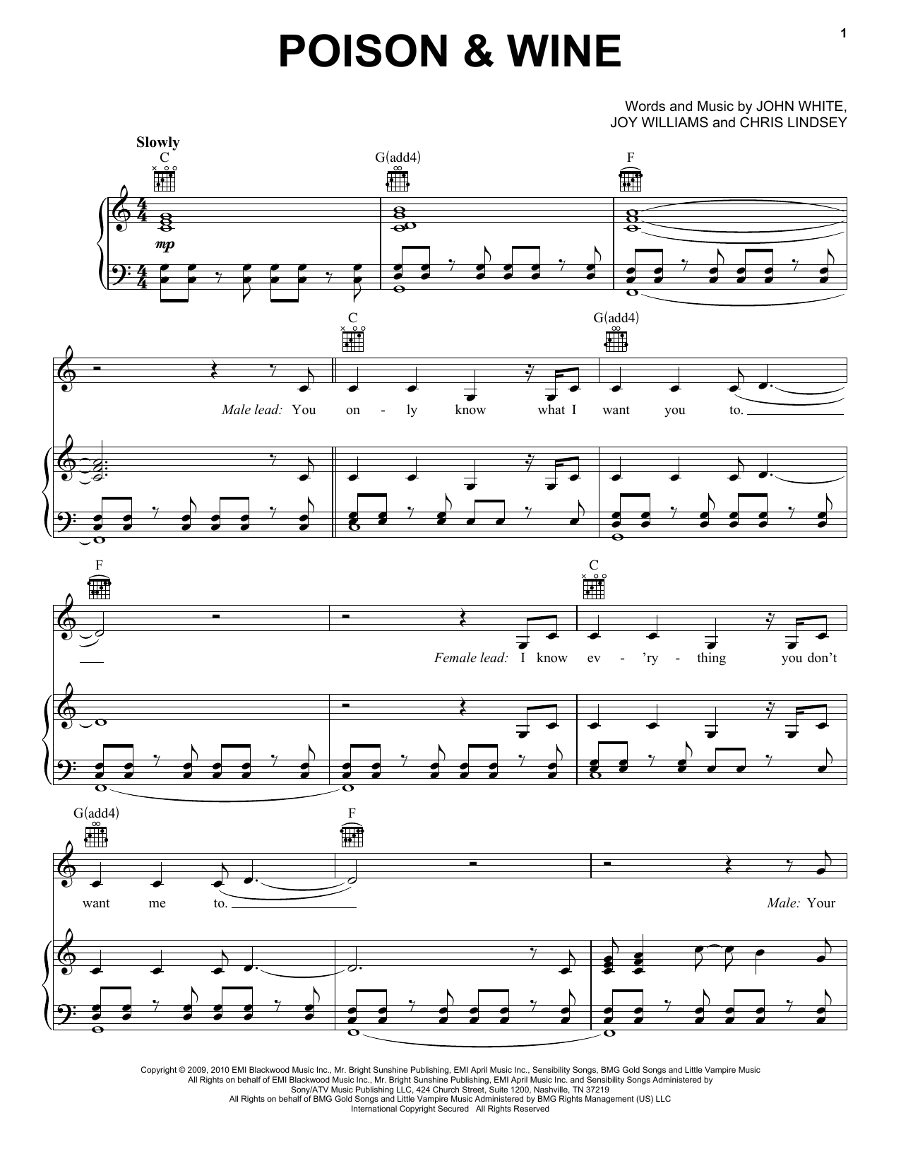 Download The Civil Wars Poison and Wine Sheet Music