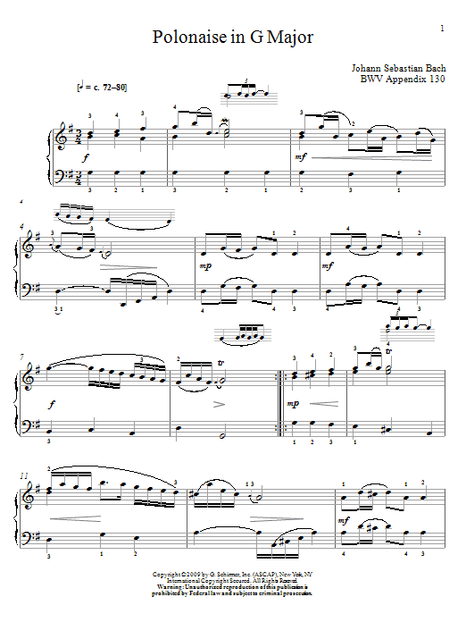 Download Johann Sebastian Bach Polonaise In G Major, BWV App. 130 Sheet Music