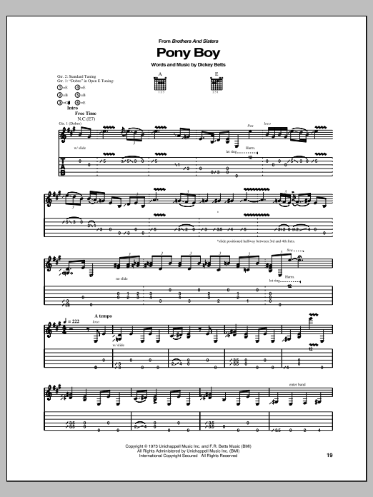 Download The Allman Brothers Band Pony Boy Sheet Music