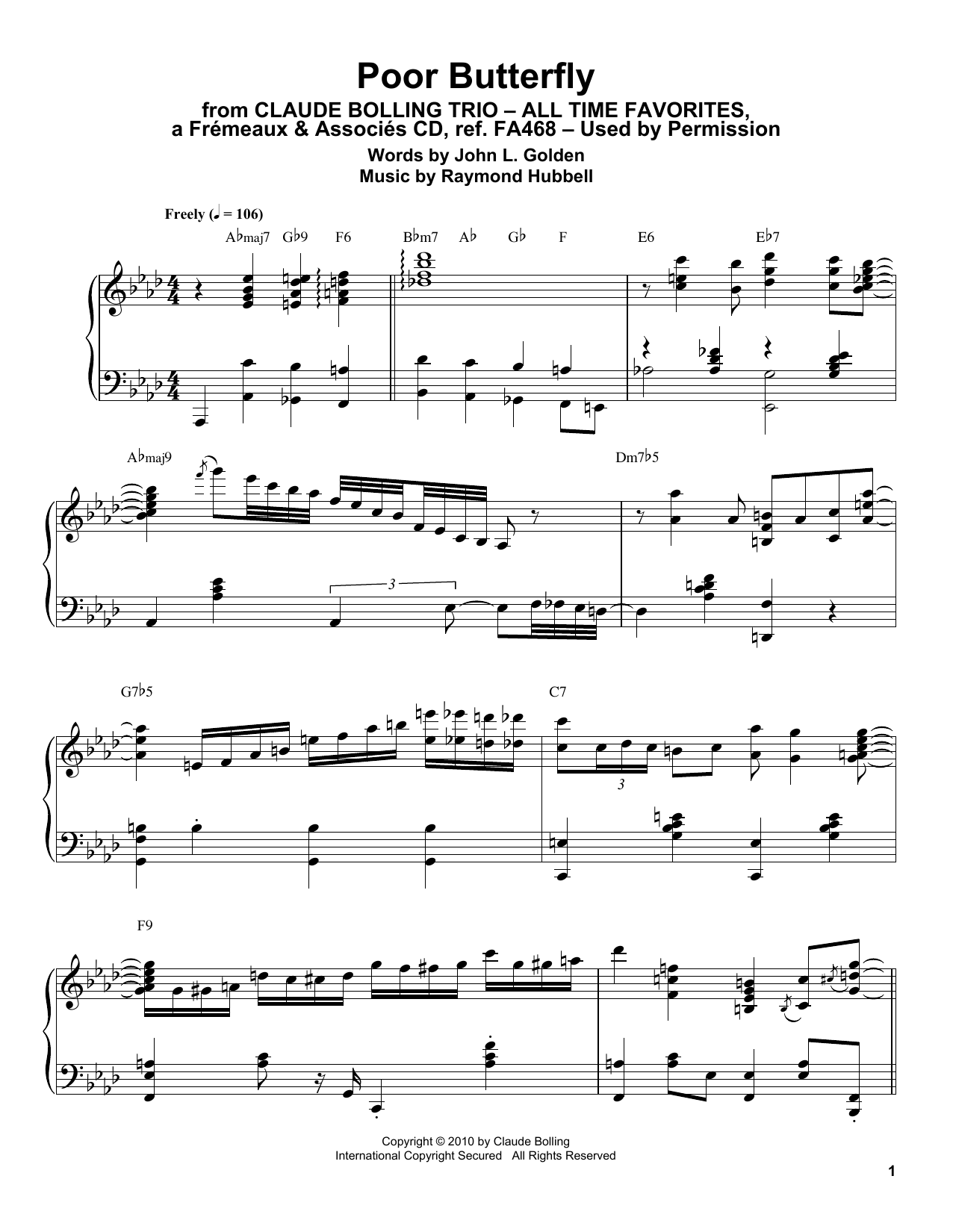 Download Claude Bolling Poor Butterfly Sheet Music