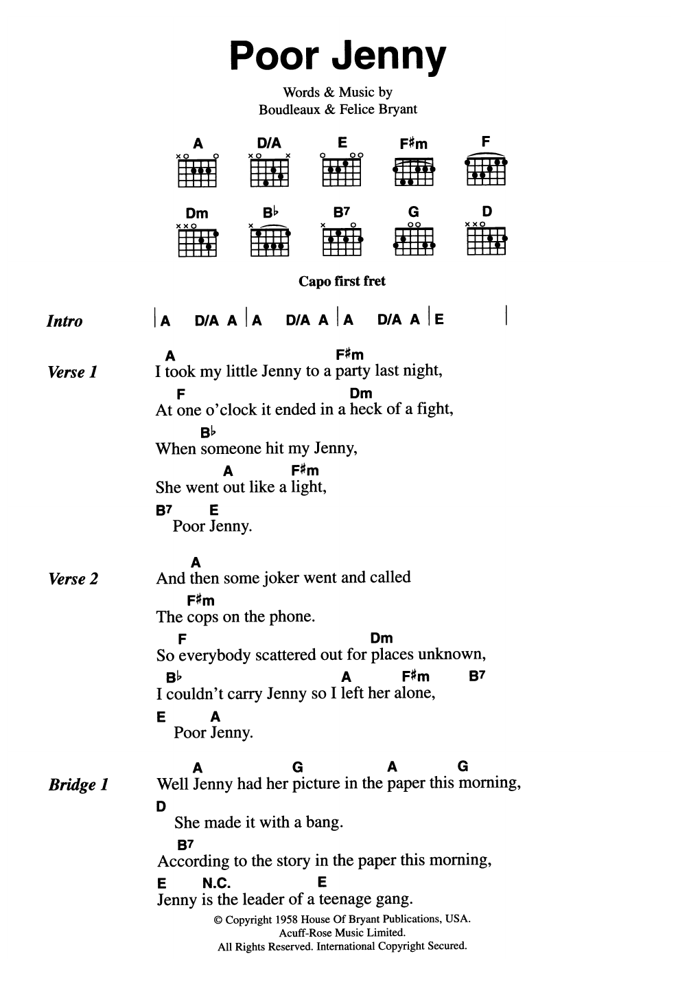 Download The Everly Brothers Poor Jenny Sheet Music