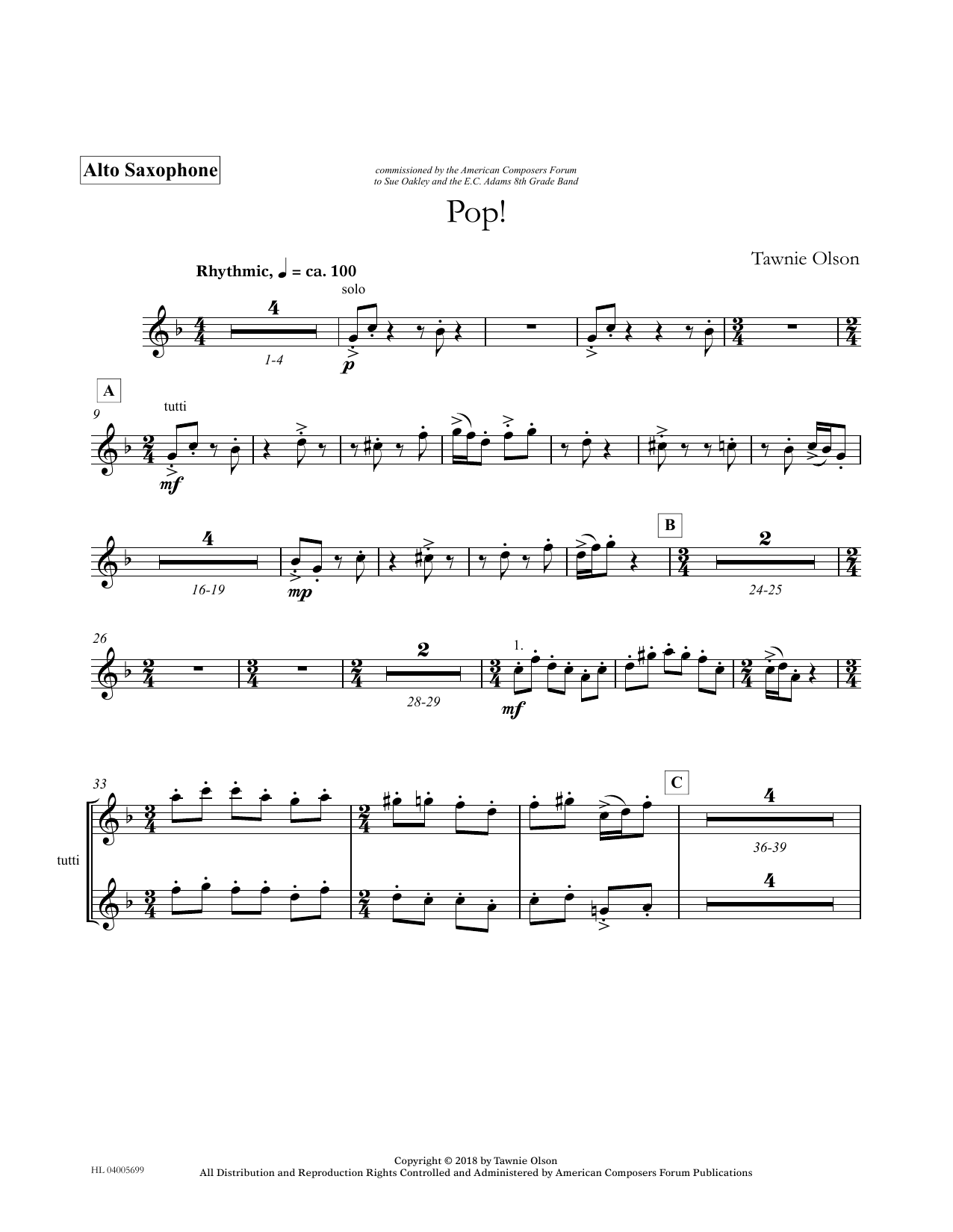 Download Tawnie Olson Pop! - Eb Alto Saxophone (Divisi) Sheet Music