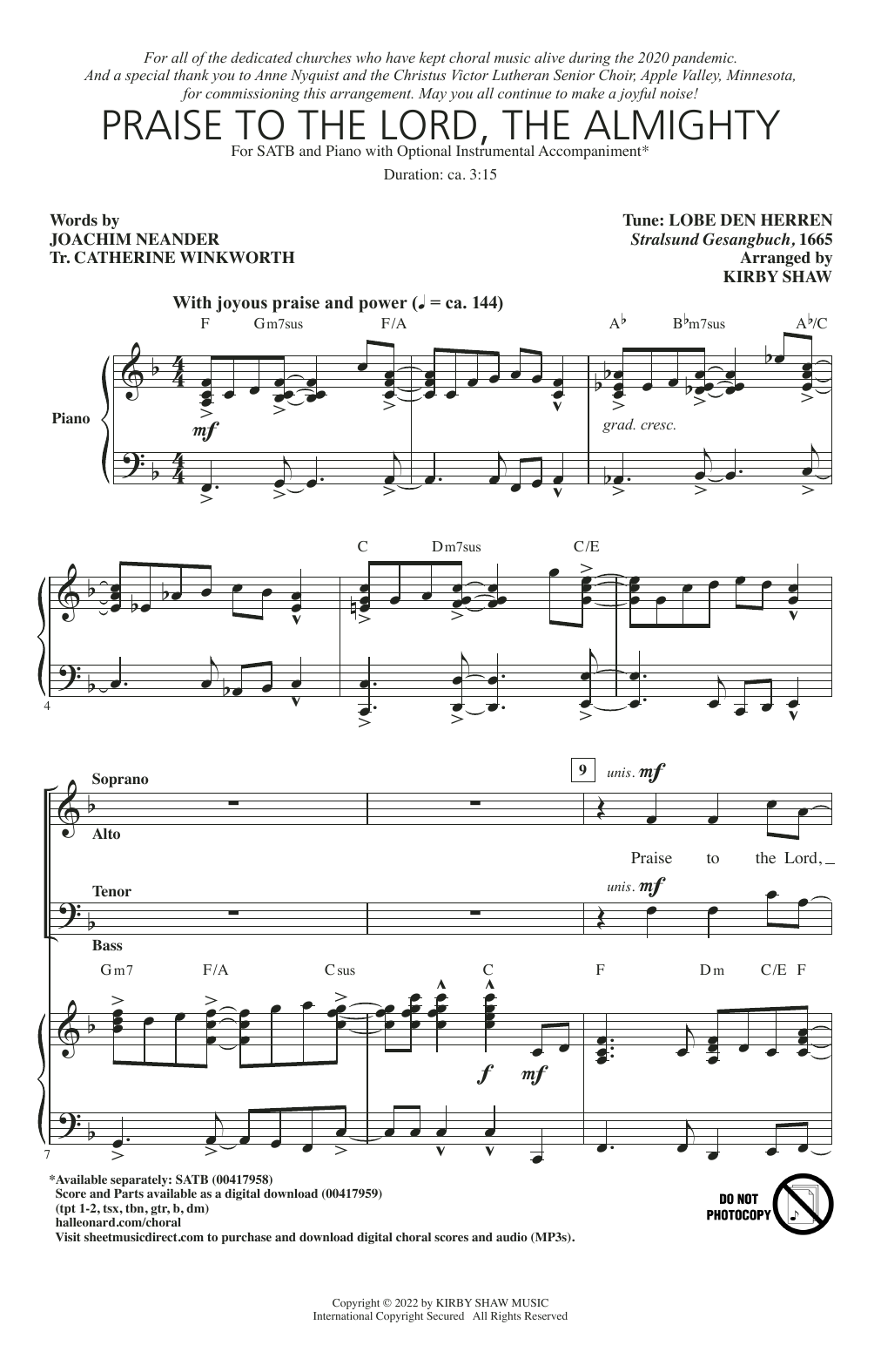 Download Kirby Shaw Praise To The Lord, The Almighty Sheet Music
