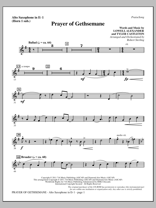 Download Robert Sterling Prayer Of Gethsemane - Alto Sax 1 (sub. Sheet Music