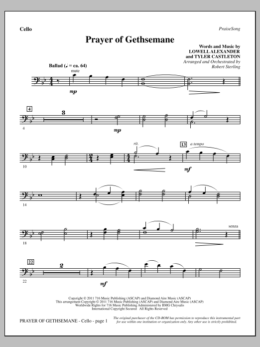 Download Robert Sterling Prayer Of Gethsemane - Cello Sheet Music