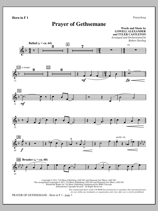 Download Robert Sterling Prayer Of Gethsemane - F Horn 1 Sheet Music