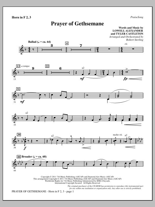 Download Robert Sterling Prayer Of Gethsemane - F Horn 2,3 Sheet Music