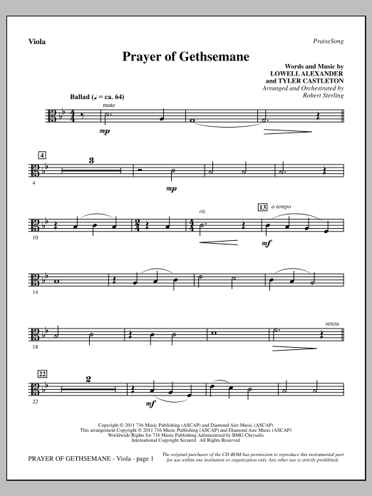 Download Robert Sterling Prayer Of Gethsemane - Viola Sheet Music