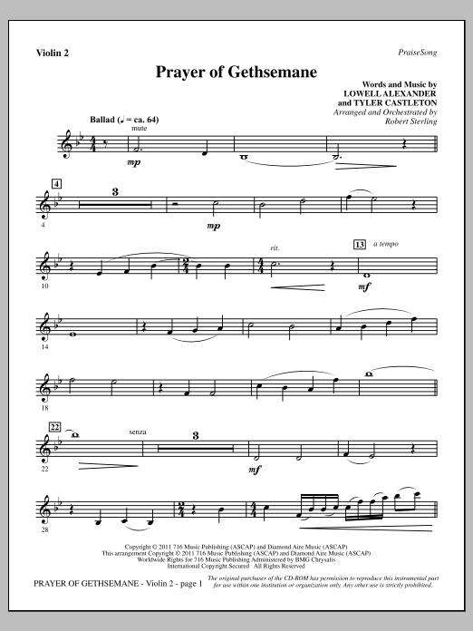 Download Robert Sterling Prayer Of Gethsemane - Violin 2 Sheet Music