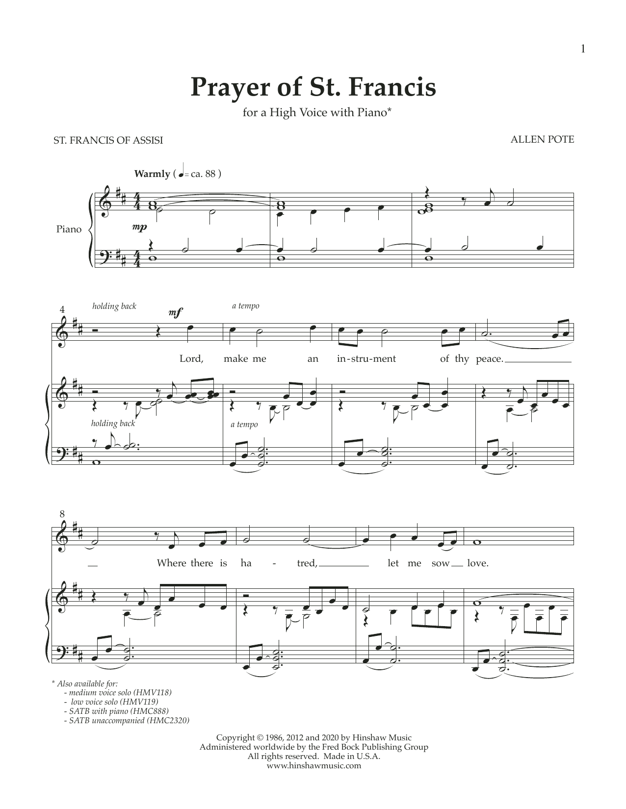 Download Allen Pote Prayer of St. Francis (High Voice) Sheet Music