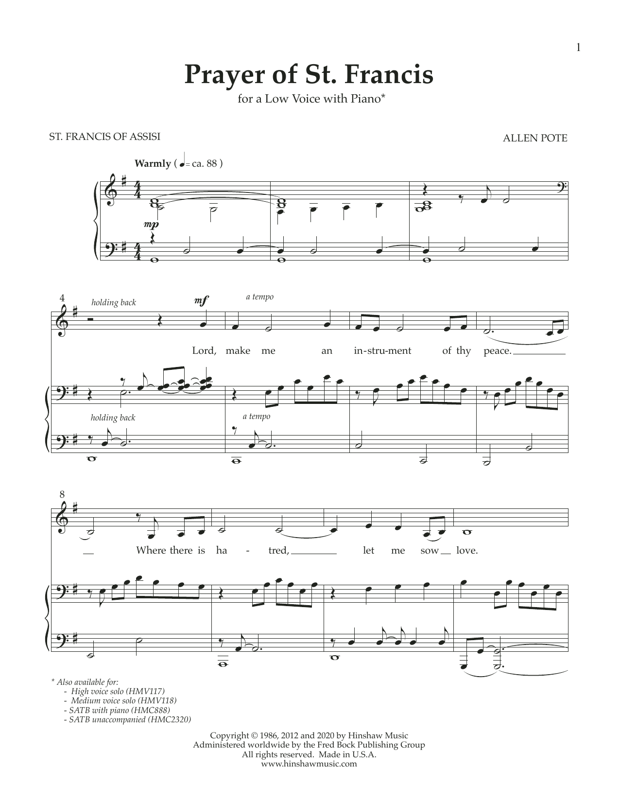 Download Allen Pote Prayer of St. Francis (Low Voice) Sheet Music