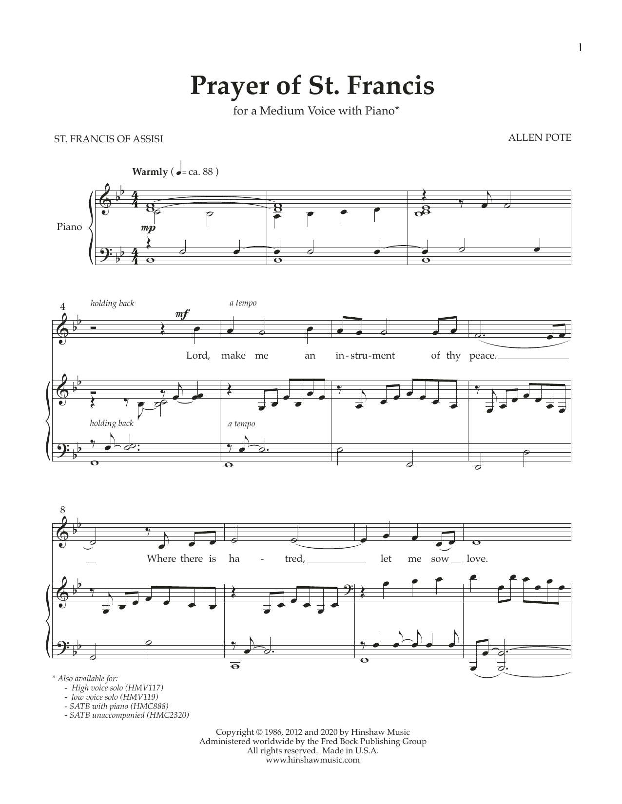 Download Allen Pote Prayer of St. Francis (Medium Voice) Sheet Music