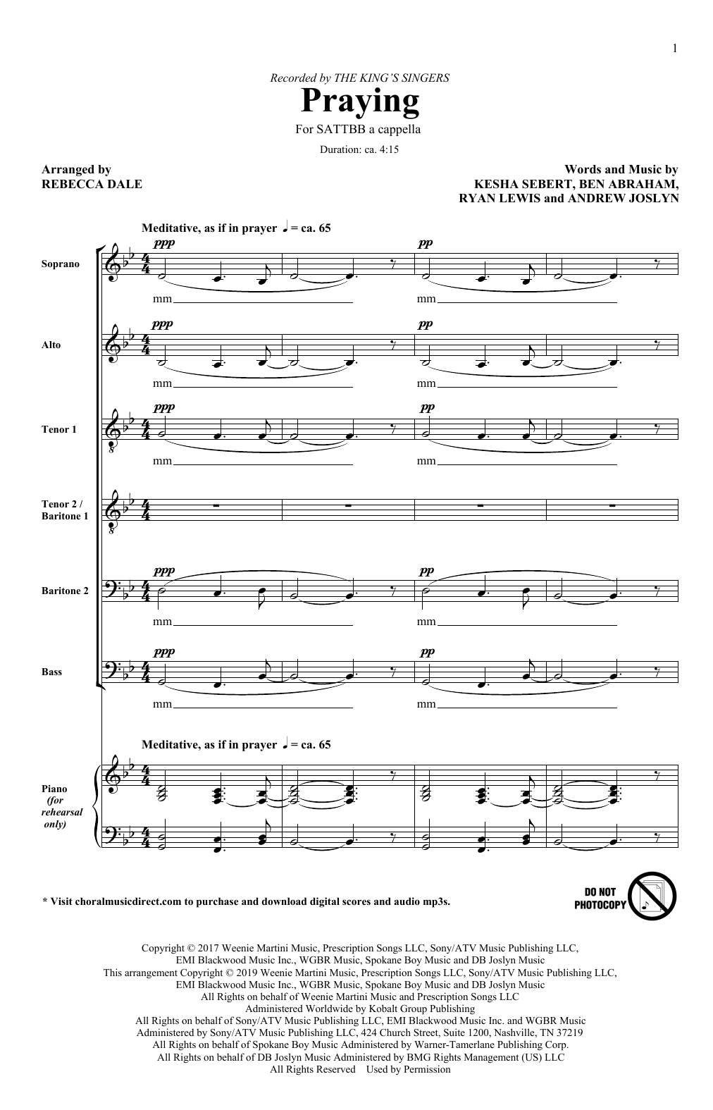 Download The King's Singers Praying (arr. Rebecca Dale) Sheet Music