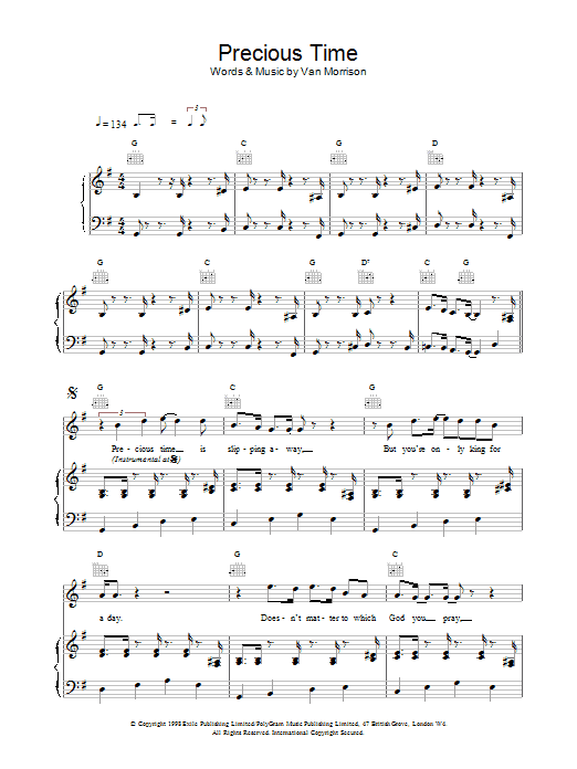Van Morrison Precious Time sheet music notes printable PDF score