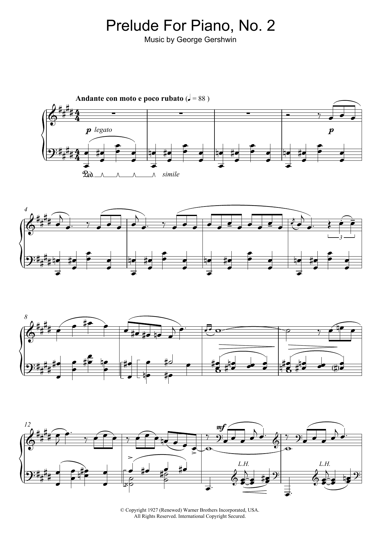 Download George Gershwin Prelude For Piano, No.2 Sheet Music