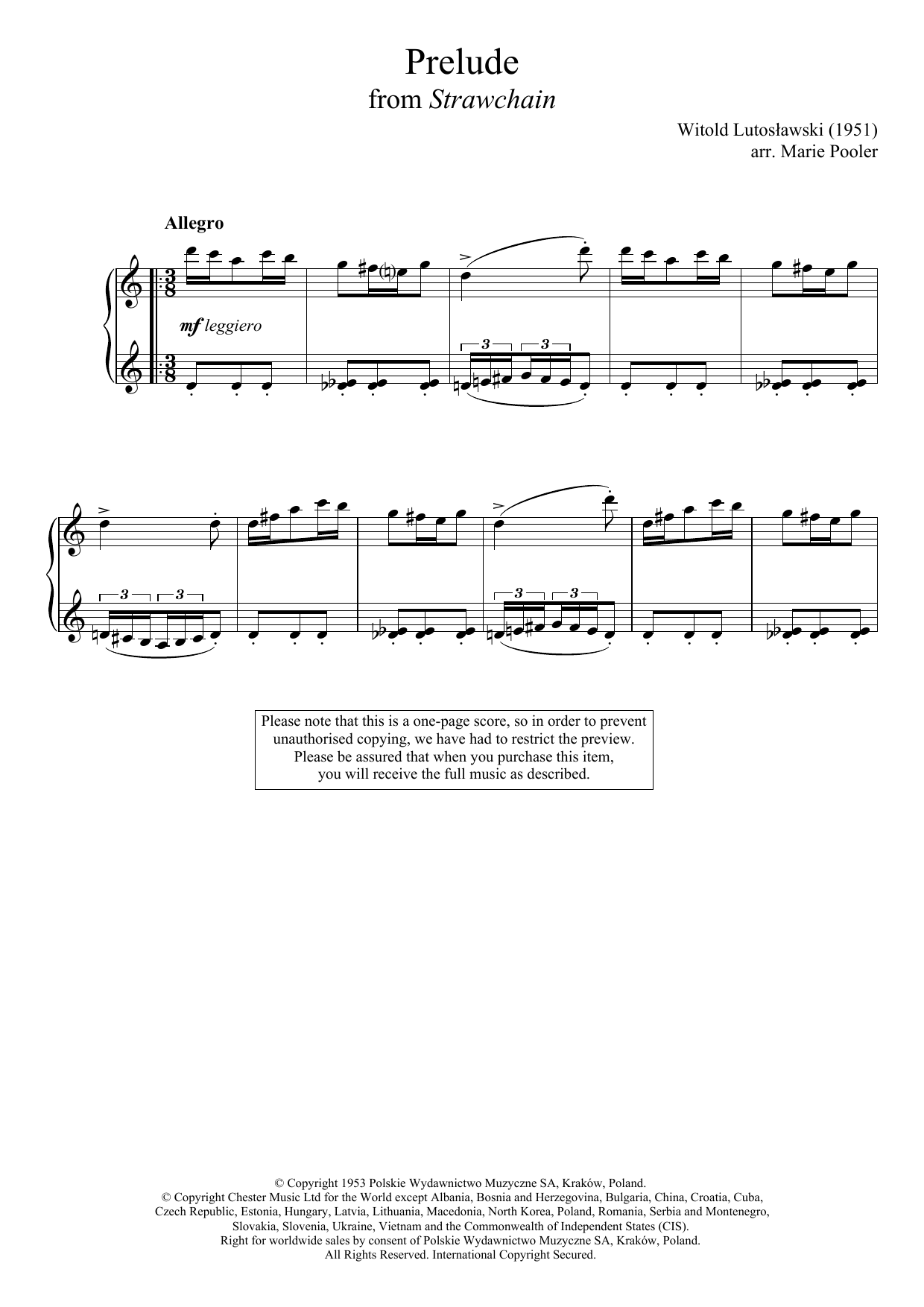 Download Witold Lutoslawski Prelude (from 'Strawchain') Sheet Music