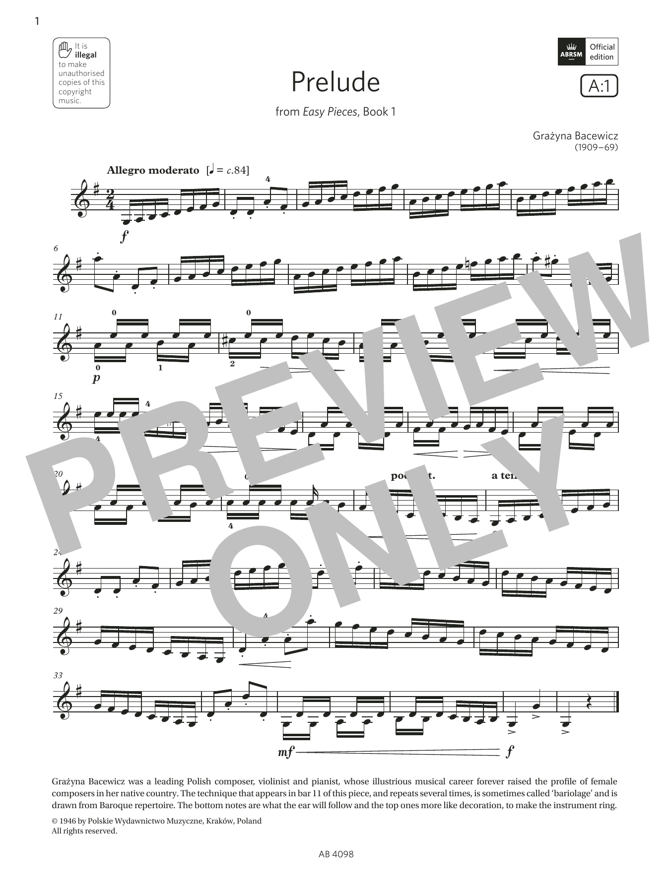 Download Grażyna Bacewicz Prelude (Grade 4, A1, from the ABRSM Vi Sheet Music