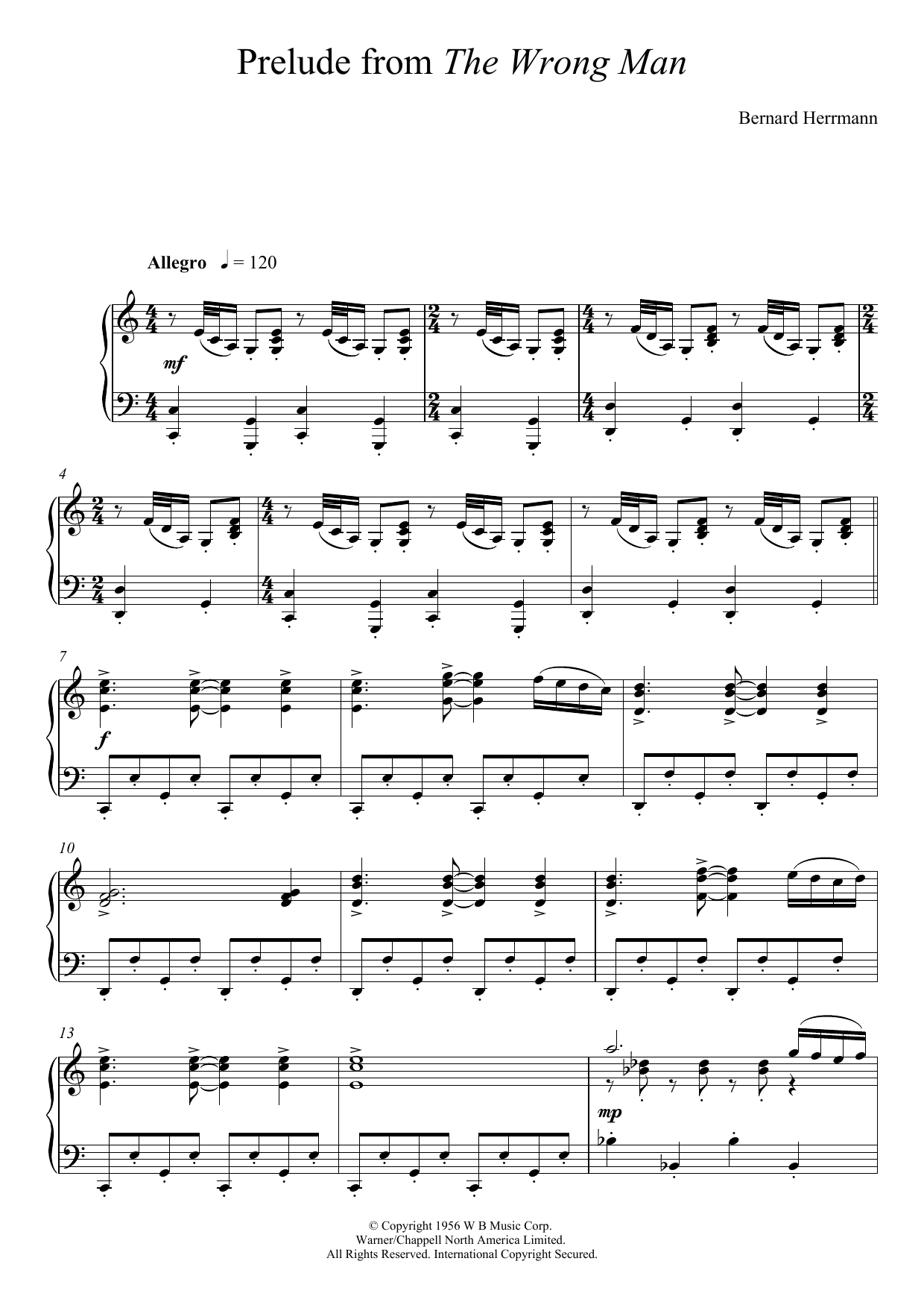 Download Bernard Herrmann Prelude From The Wrong Man Sheet Music