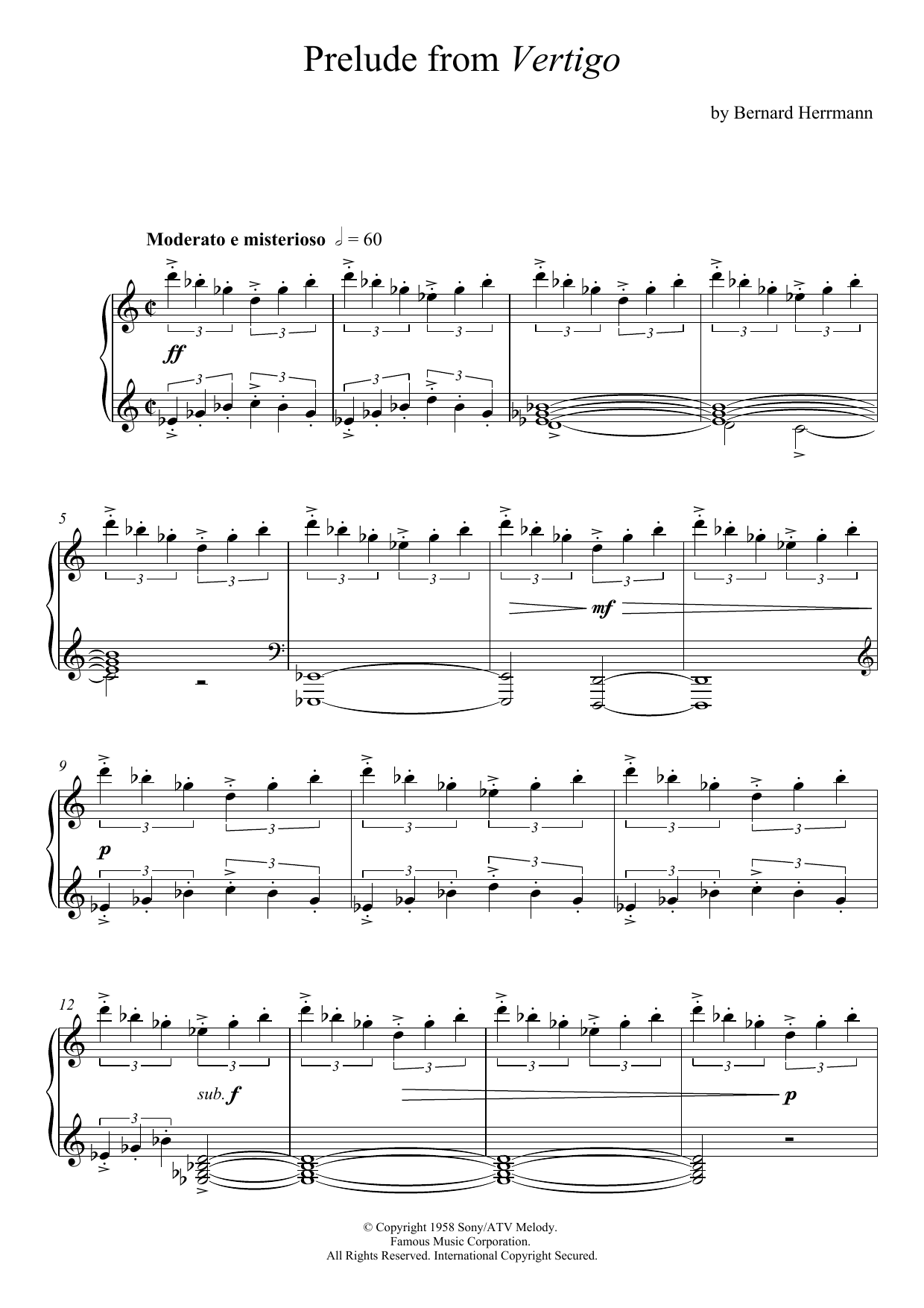 Download Bernard Herrmann Prelude From Vertigo Sheet Music