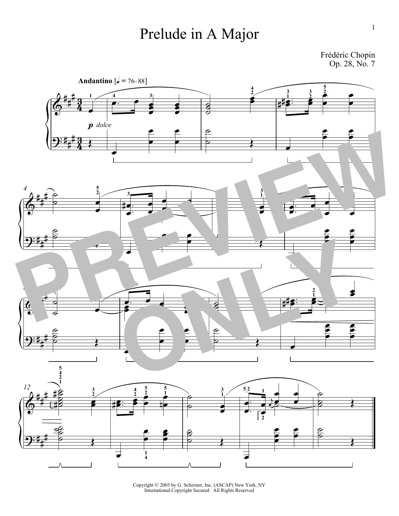 Download Frederic Chopin Prelude In A Major, Op. 28, No. 7 Sheet Music
