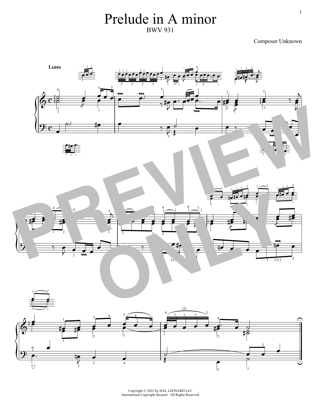 Download Johann Sebastian Bach Prelude In A Minor, BWV 931 Sheet Music