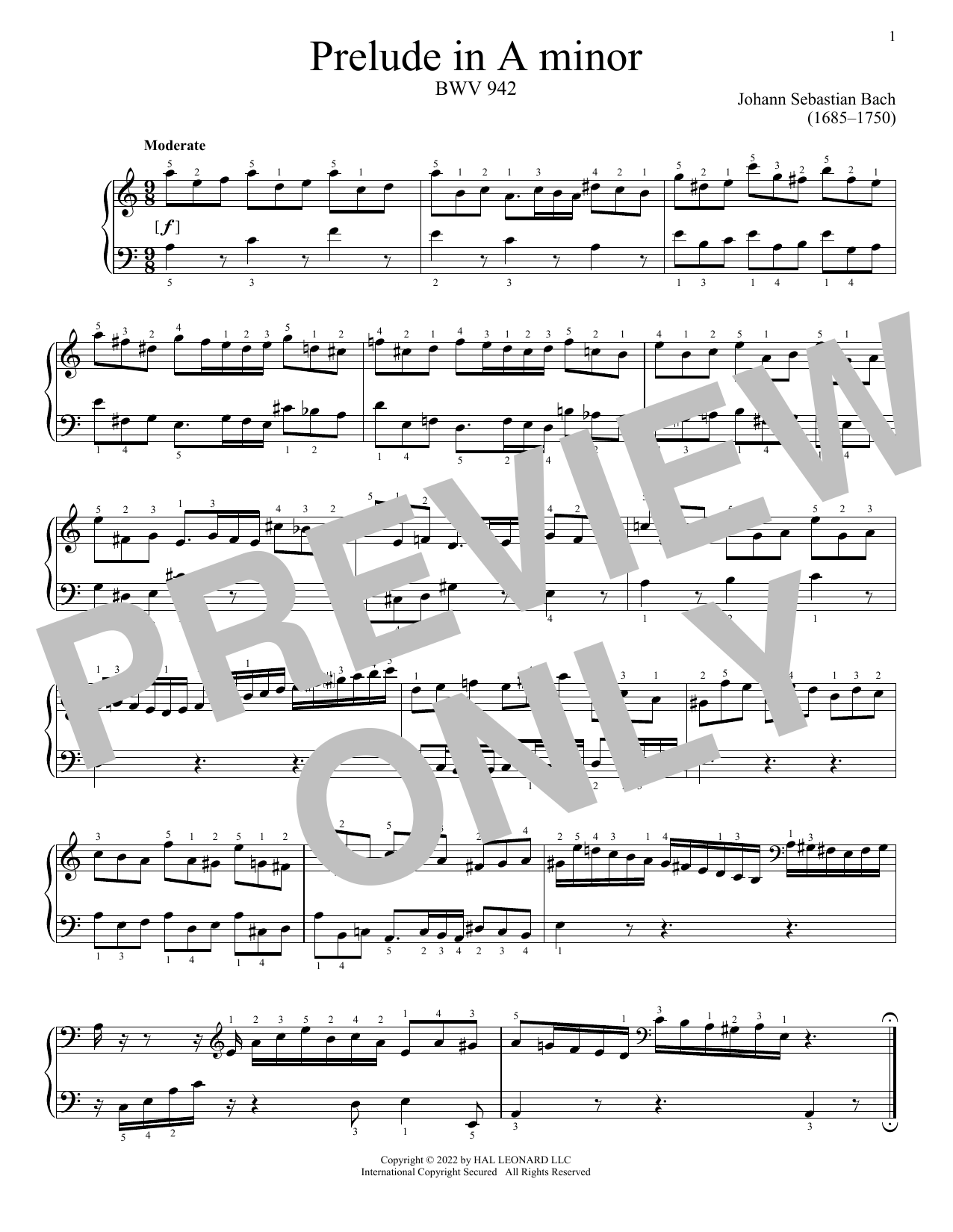 Download Johann Sebastian Bach Prelude In A Minor, BWV 942 Sheet Music
