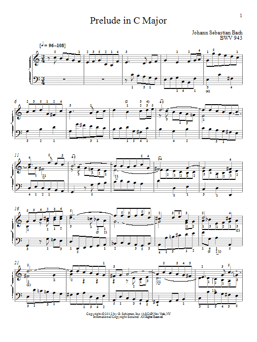 Download Johann Sebastian Bach Prelude In C Major, BMV 943 Sheet Music