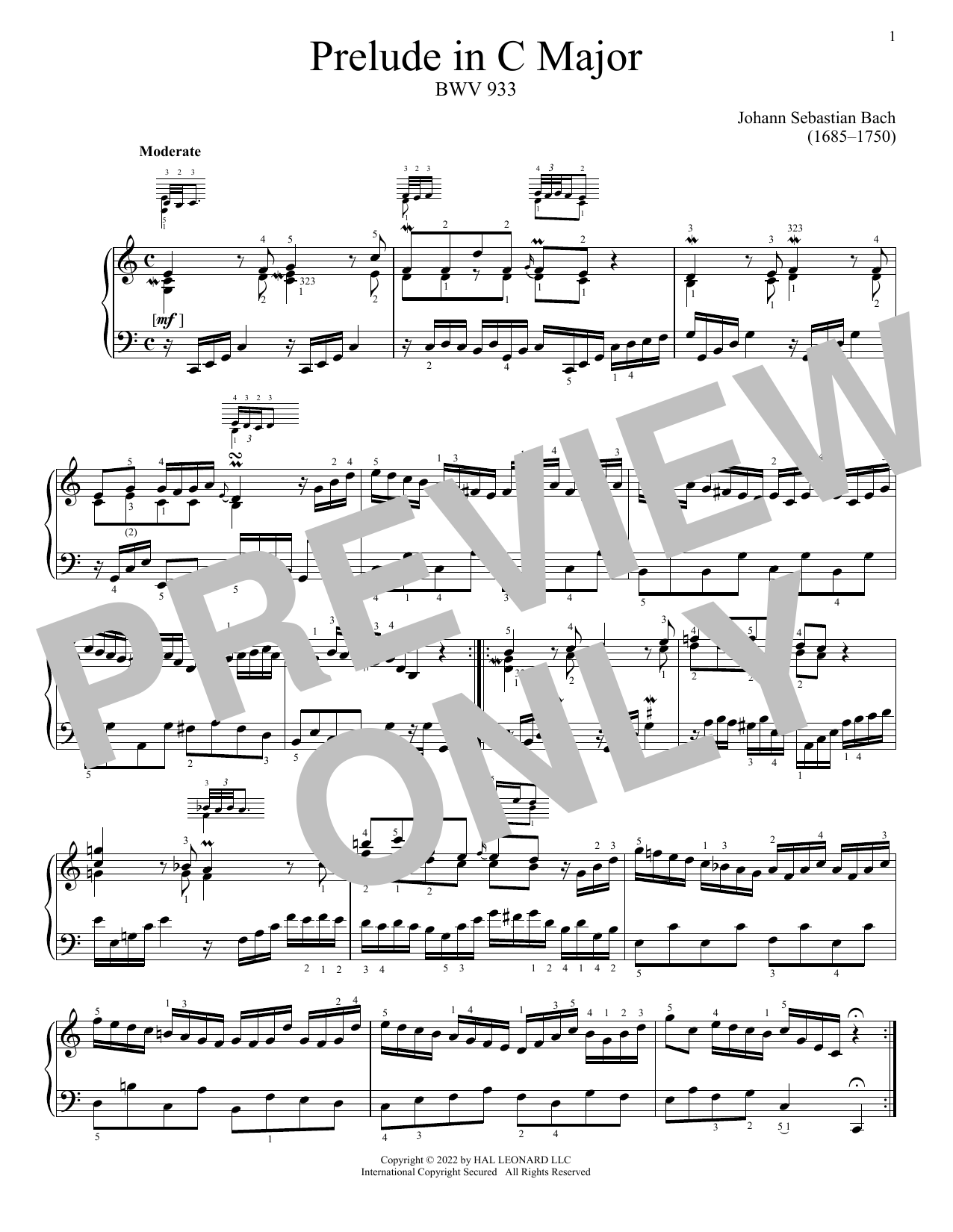 Download Johann Sebastian Bach Prelude In C Major, BWV 933 Sheet Music